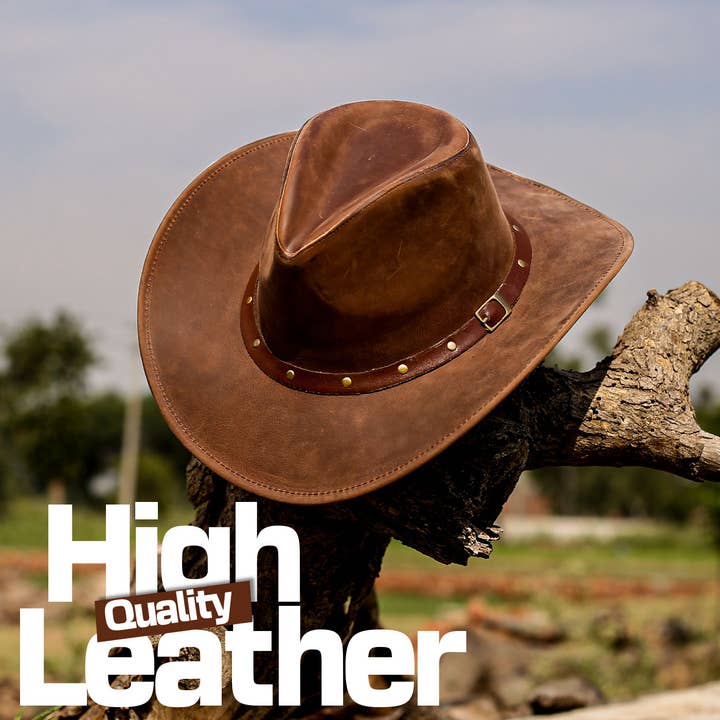 Hadzam - Wholesale Cowboy Hat - Unisex - Unisex Brown Shapeable Wide Brim Western Leather Cowboy Hat