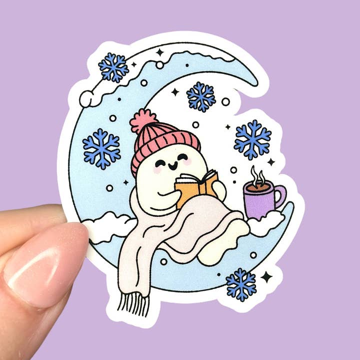 Winter Ghost Bookish Moon Sticker for wholesale by Hailey Liz Designs