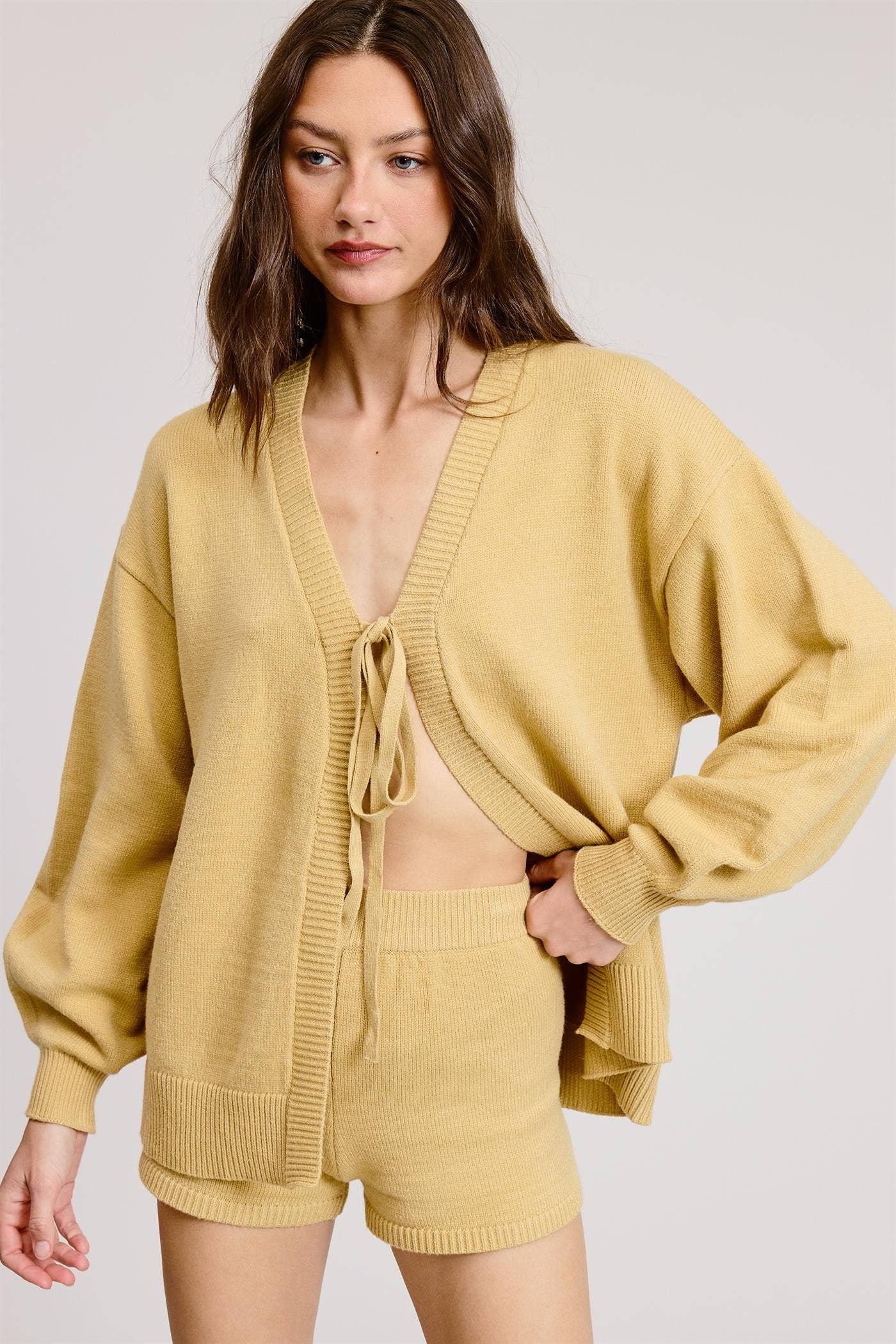 Mimosa - Wholesale Lounge Set - Women's - Self Tie Knit Cardigan and Shorts Lounge Set15