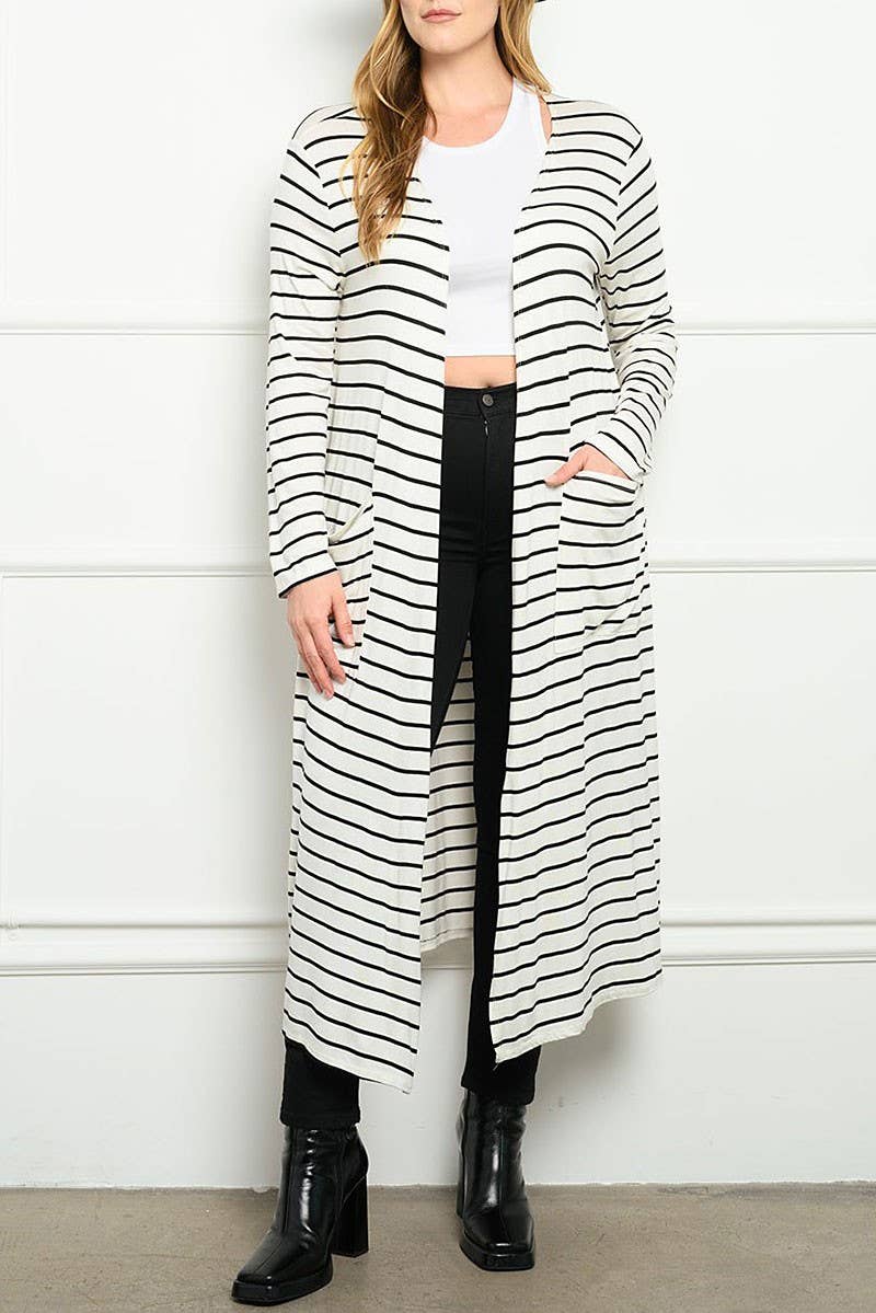 ROUSSEAU – wholesale Cardigan – Women’s – STRIPES WITH POCKETS LONG SLEEVE CARDIGAN0
