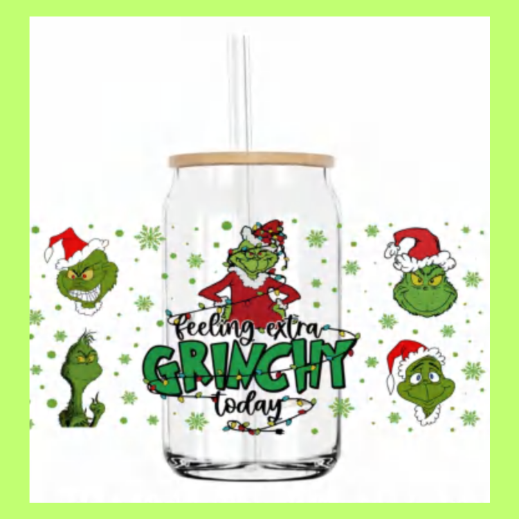 MySunshineCandless - Wholesale Drinkglas/beker - Kerst Grinch Beker 16oz Glazen Blikbeker Met Deksel en Rietje5