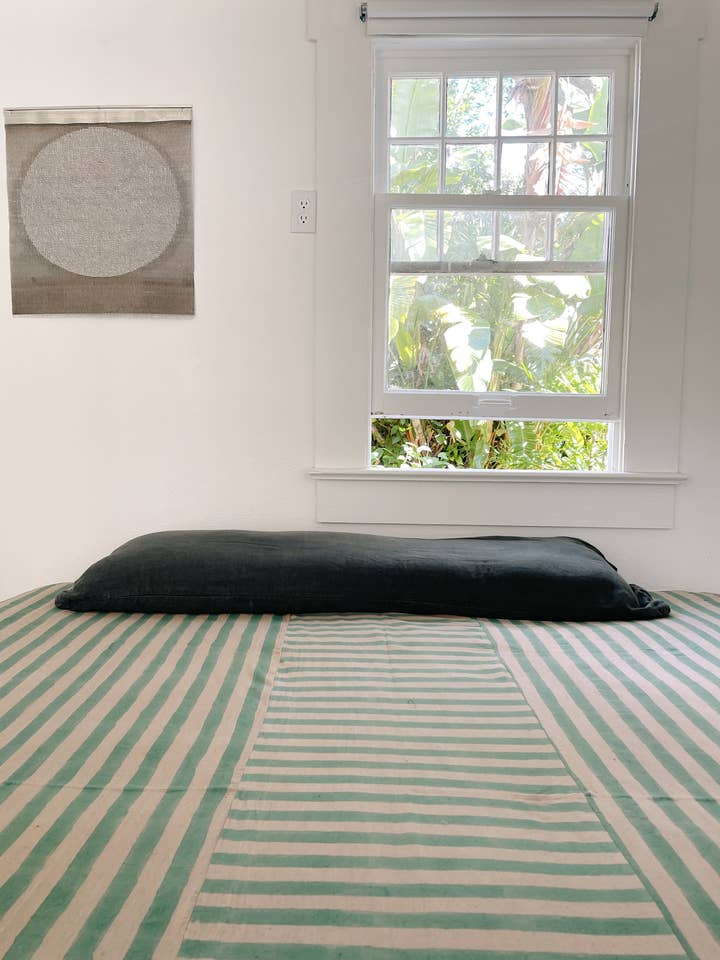 Stripe Coverlet in Seastripe Blockprint: Handwoven Natural Dye Cotton for wholesale by PO-EM