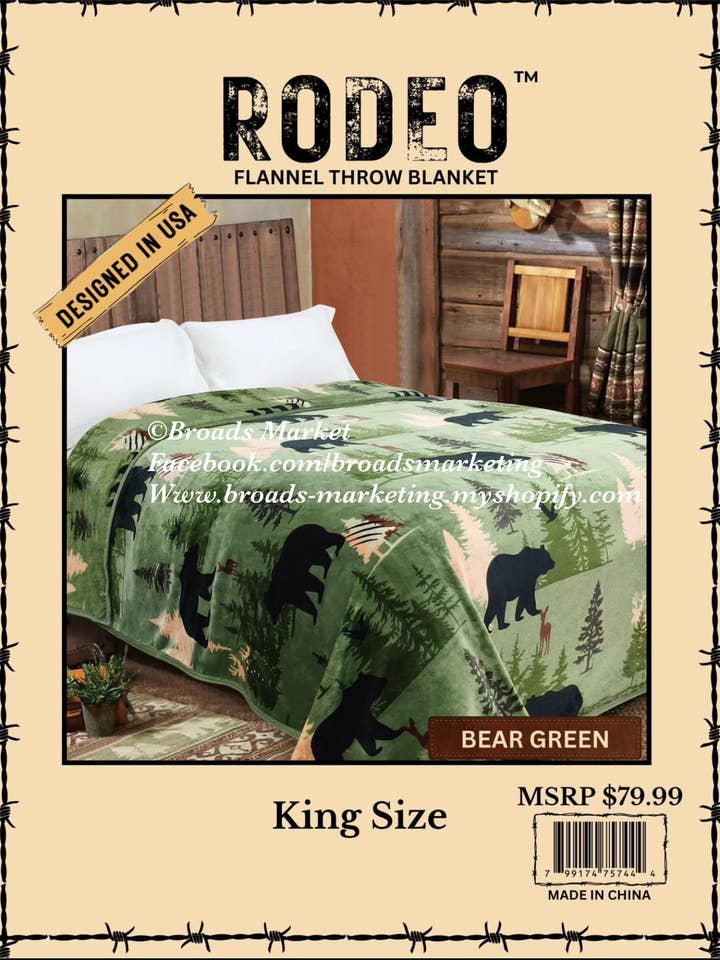 Rodeo Green Bear Super Plush Blanket for wholesale by Broads Market