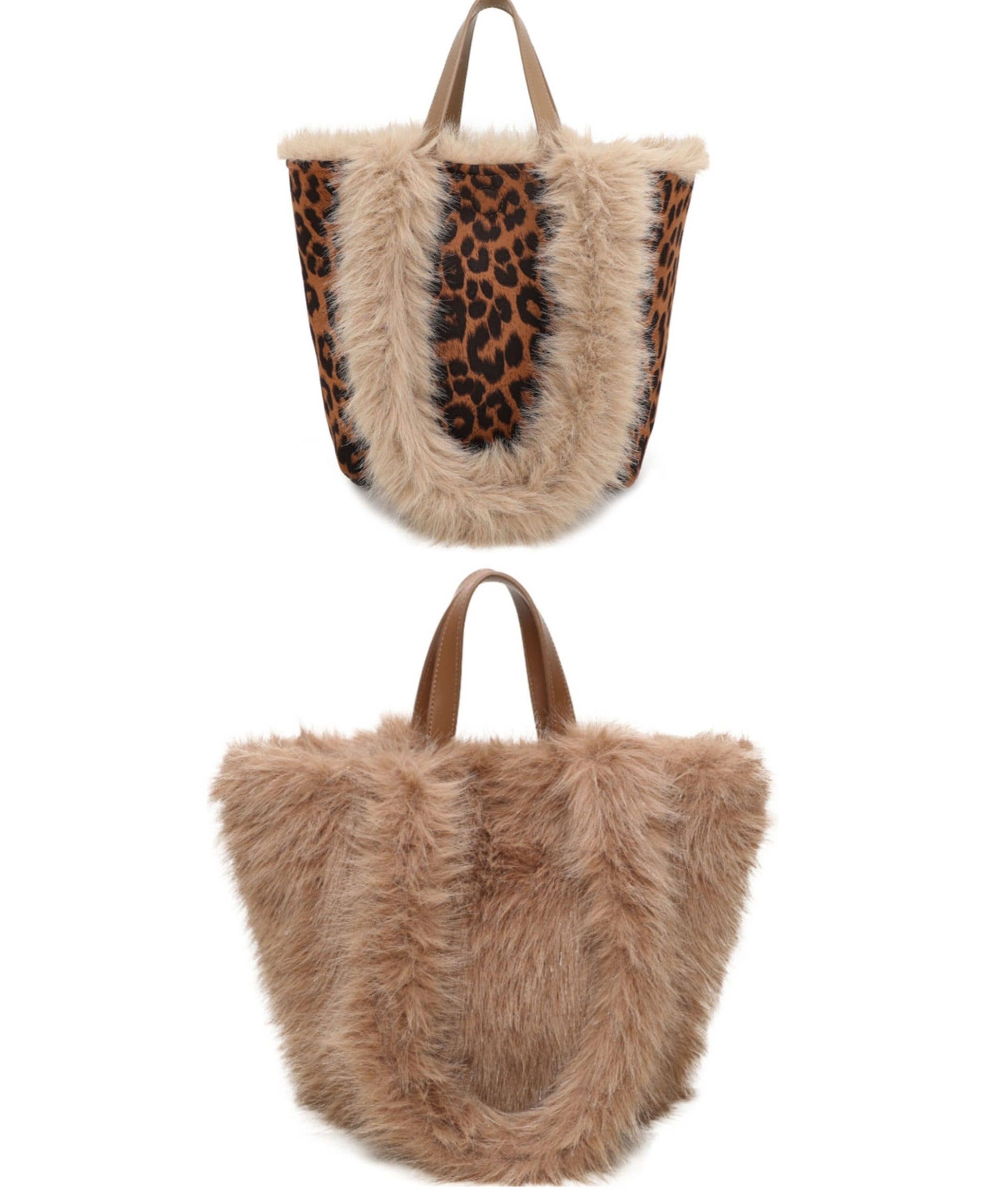 Ellas Trading – wholesale Bärkasse - Dam – Vändbar axelväska i leopardmönstrad fuskpäls med glitter6