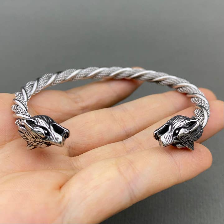 Men's Stainless Steel Double Wolf Head Adjustable Cuff - MJ/BC for wholesale by Mio Queena