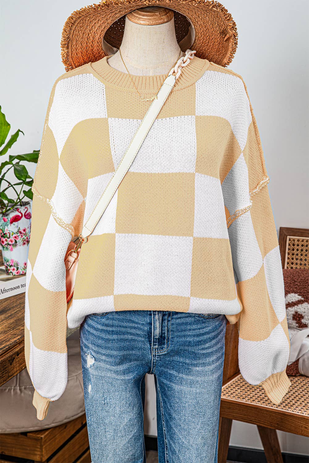 fashionworks - Wholesale Knit Sweater - Women's - Fashion-W Checkered Bishop Sleeve Sweater*S-2XL21