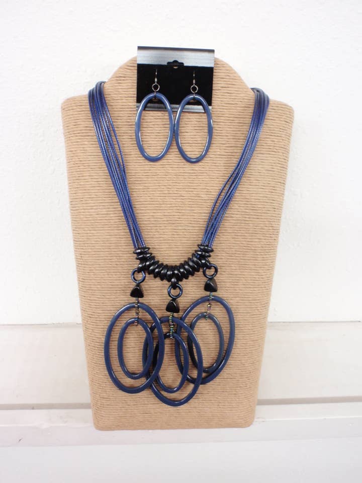 8 STRANDS BLUE WAX CORD WITH THREE PAIRS OF OVAL BLUE RESIN for wholesale by International Duru's
