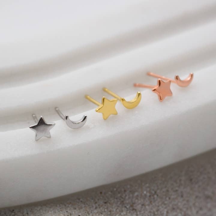 Aurora Jewels - Wholesale Stud/Post Earrings - Plain Petite Mismatched Moon & Star Studs