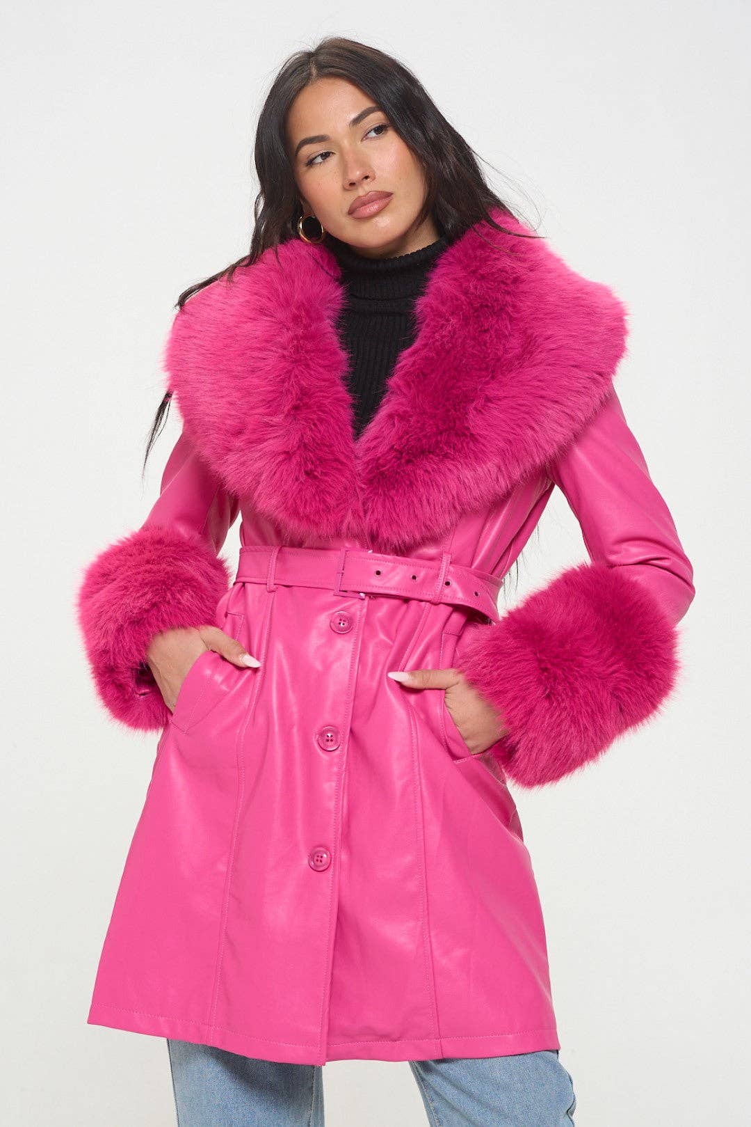 Hot Pink L414L1: Emberlong Vegan Leather Coat for wholesale on Faire1