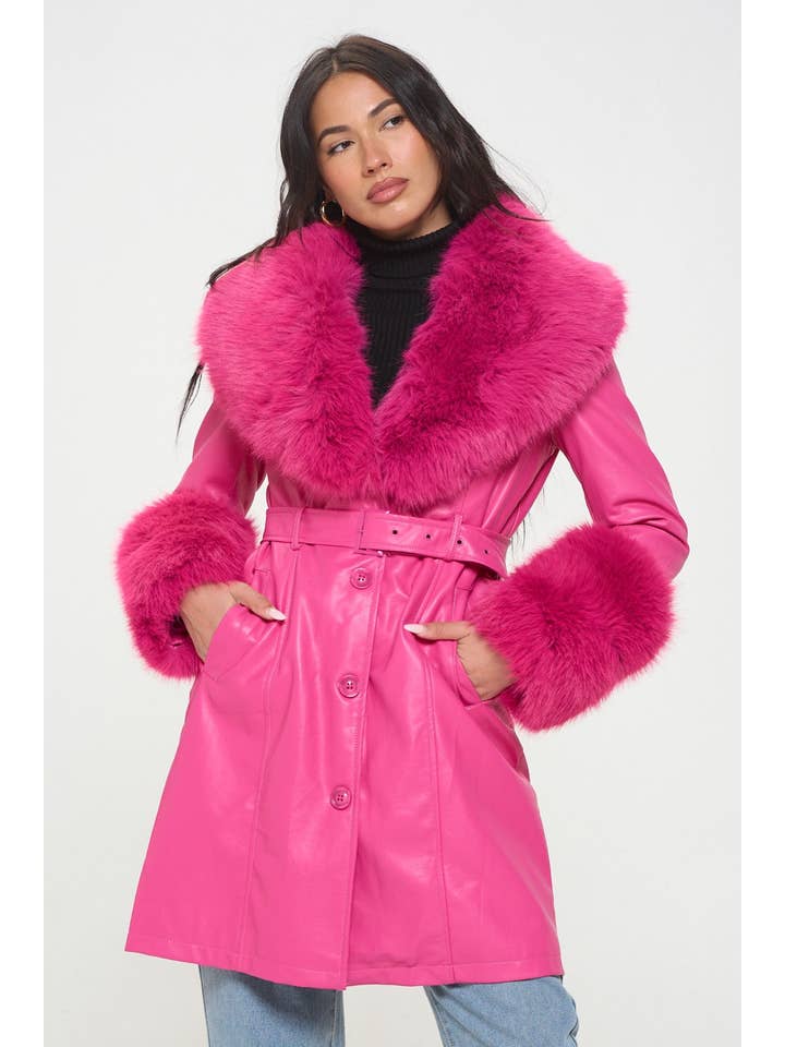 Hot Pink L414L1: Emberlong Vegan Leather Coat for wholesale on Faire1