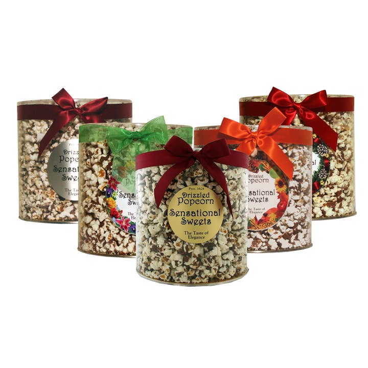 Gourmet Chocolate Drizzled Popcorn - 14 oz Tub w/ Bow for wholesale by Sensational Sweets