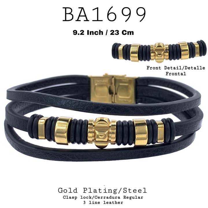 Bracelet en similicuir noir en acier inoxydable de 23 cm/9,2 pouces pour la vente par Nisso & Co. NYC Jewelry Wholesale