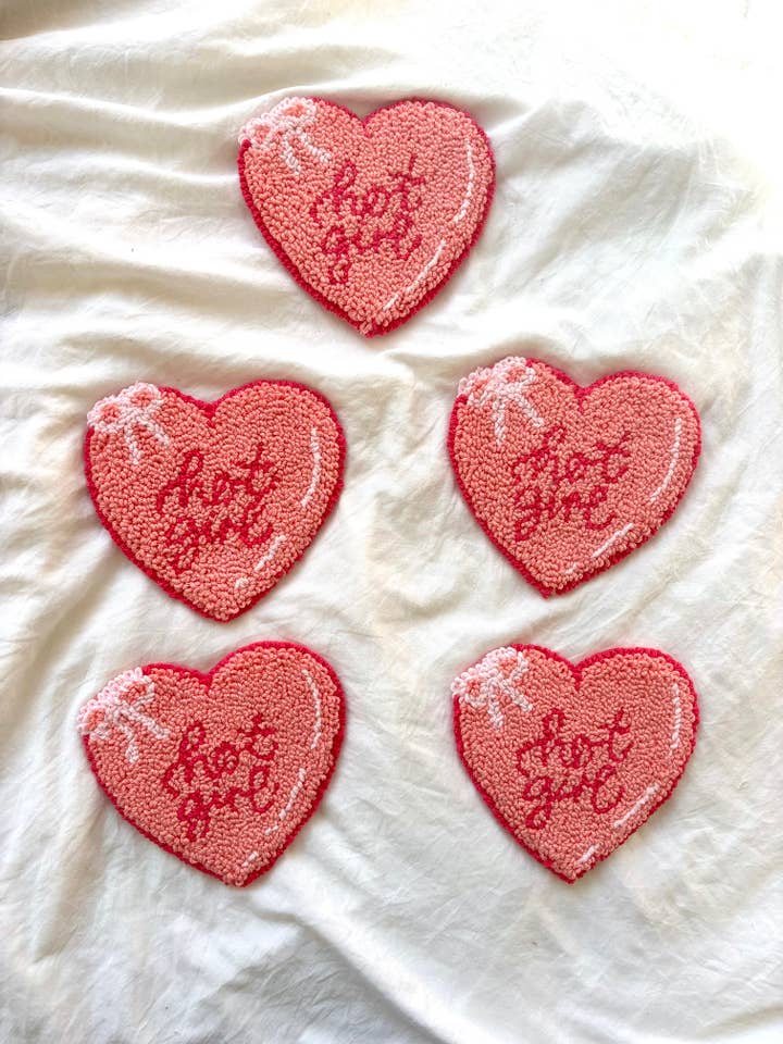 Handmade punch needle valentines heart mug rug coaster for wholesale by Honey Punches