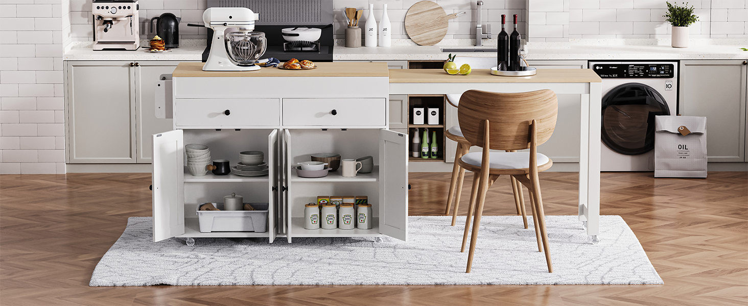 HOMYCASA DESIGN INC - Wholesale Kitchen Storage/Organizer - K&K 74.5 inch Kitchen Island with Extendable Dining Table , Rolling Kitchen Island on Wheels with Spice Rack and 2 Drawers,  Kitchen Storage Cart with 4 Door Cabinet, for Kitchen, Dining Room, White35