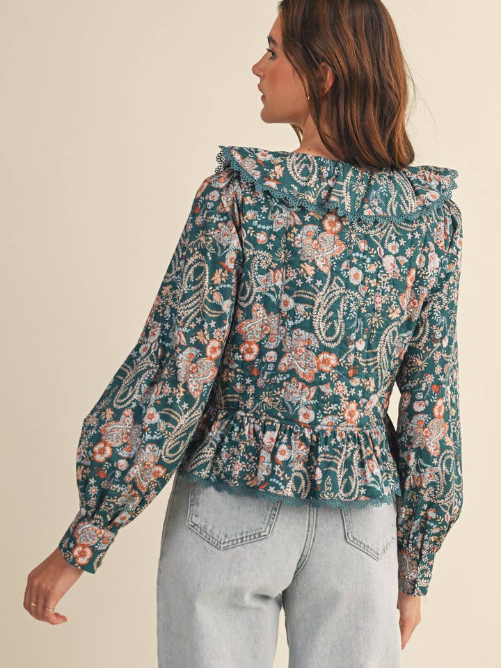 &MERCI - Wholesale Blouse - Women's - PAISLEY PRINT LACE TRIM QUILTED TOP MTP414919