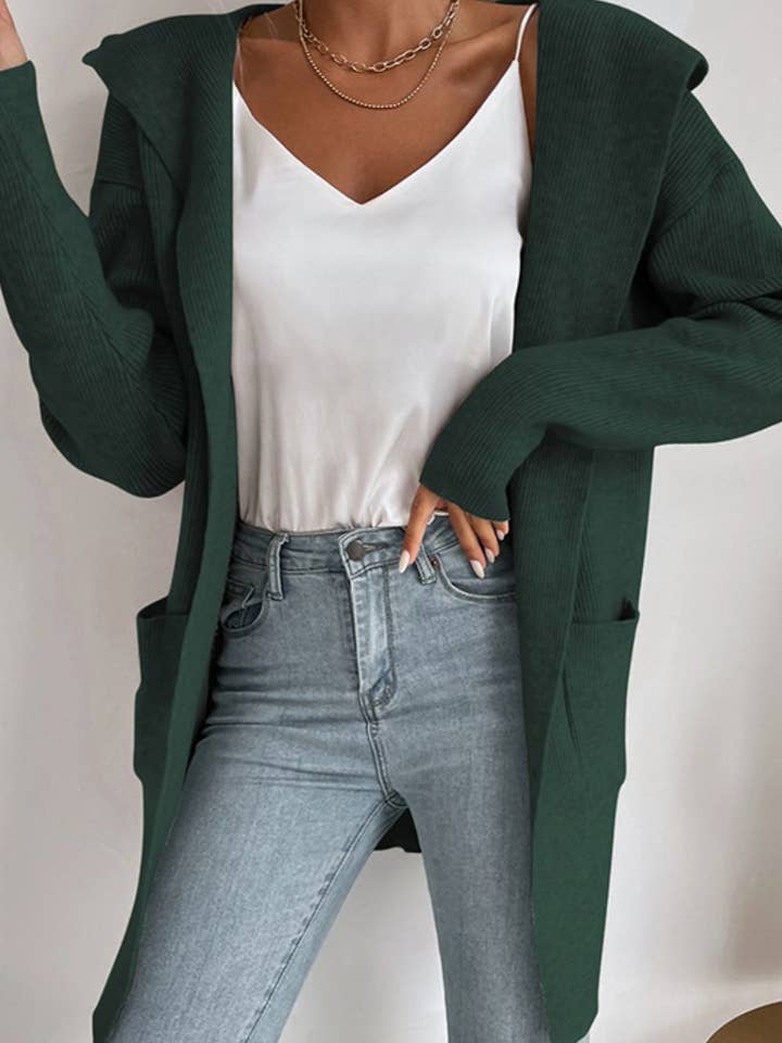 Ribbede åben front hætteklædte cardigan med lommer for engroshandel hos Blak Wardrob