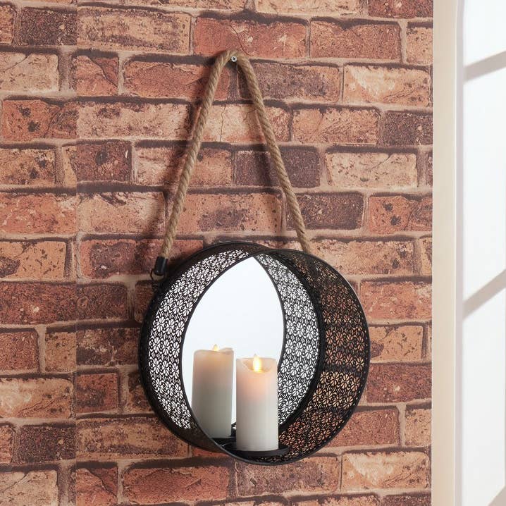 Round Mirror Pillar Candle Sconce with Filigree Metal Frame for wholesale by Danya B