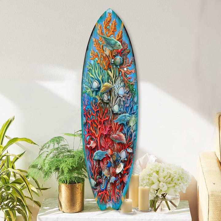 Underwater Life Surfboard | Coastal Wood Art | Handcrafted for wholesale by Designocracy