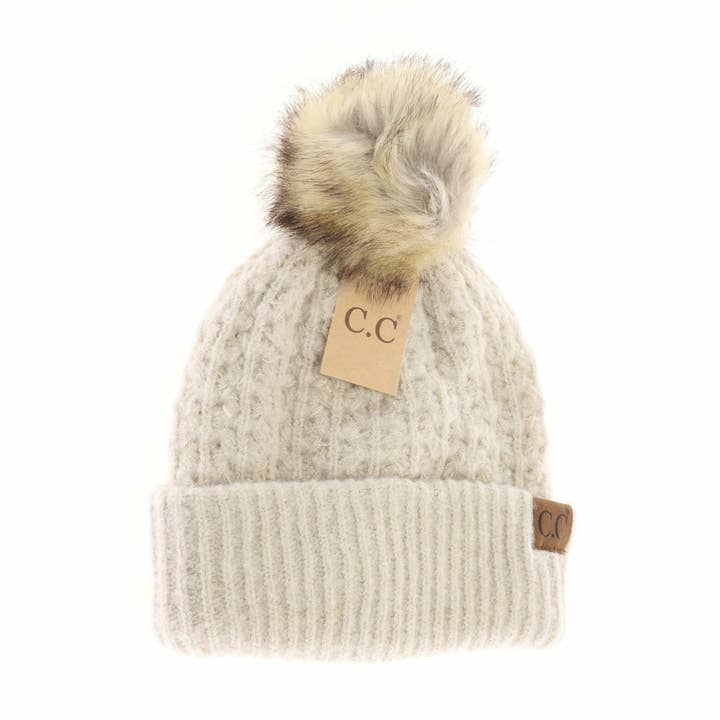 C.C Beanie - Wholesale Beanie - Women's - Solid Smocked Stitch Fur Pom C.C Beanie HAT2080