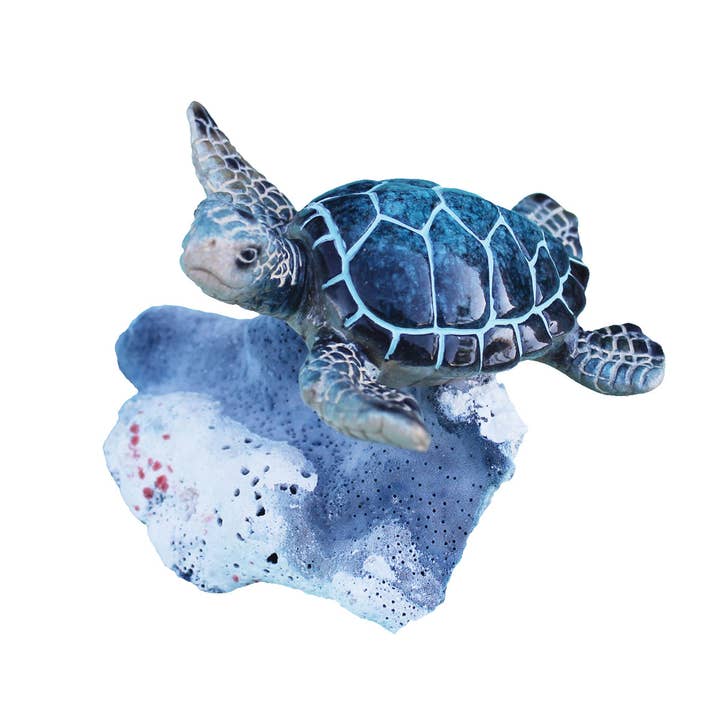 Blue 3.5" Resin Sea Turtle on Natural Coral Chunk for wholesale by California Seashell Company