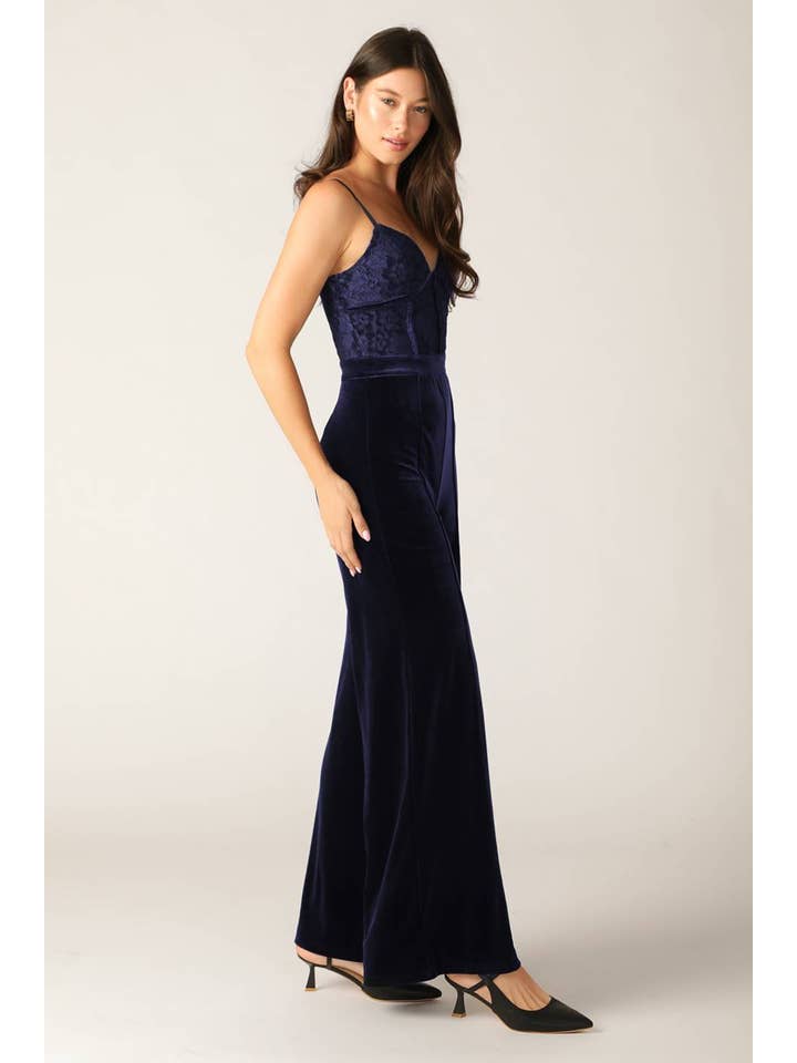 NAVY A woven lace and velvet jumpsuit - IP8665 for wholesale on Faire