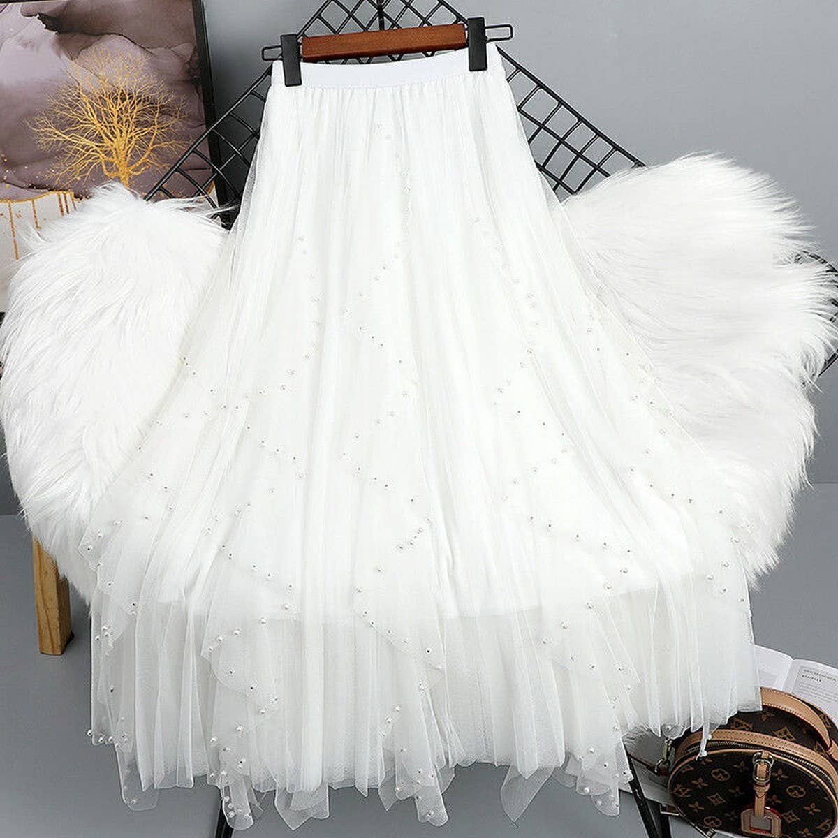 ACCITY - Wholesale Skirt - Women's - BEADED MESH PLEATED SKIRT A LINE TULLE SKIRT_CWBLS03980