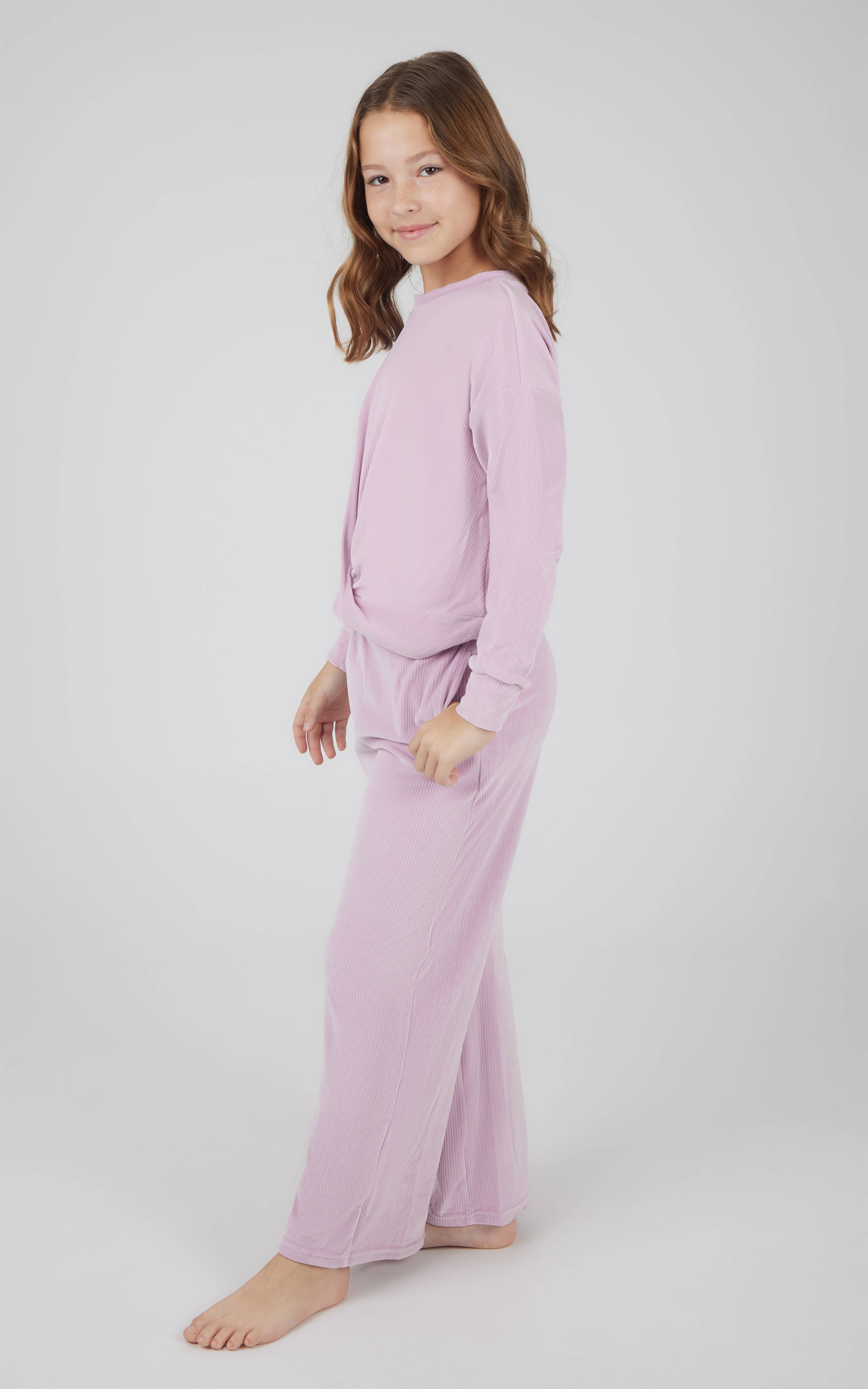 90 Degree by Reflex & Yogalicious - Wholesale Top & Pant Set - Kids - Girls Rib Velour Front Twist Sweatshirt and Wide Leg Pant 3