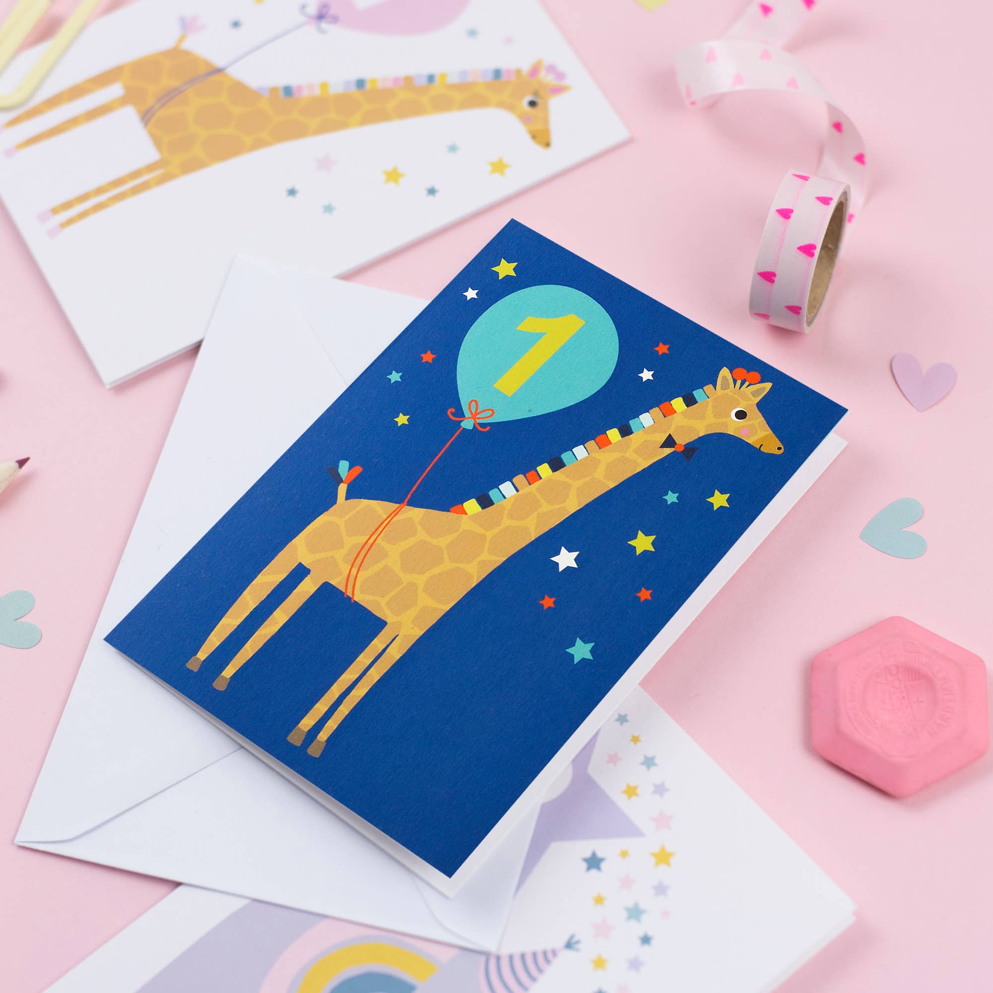 Mifkins - Wholesale Birthday Card - Joyful Giraffe 1st Birthday Card | Blue Animal Theme Fun6