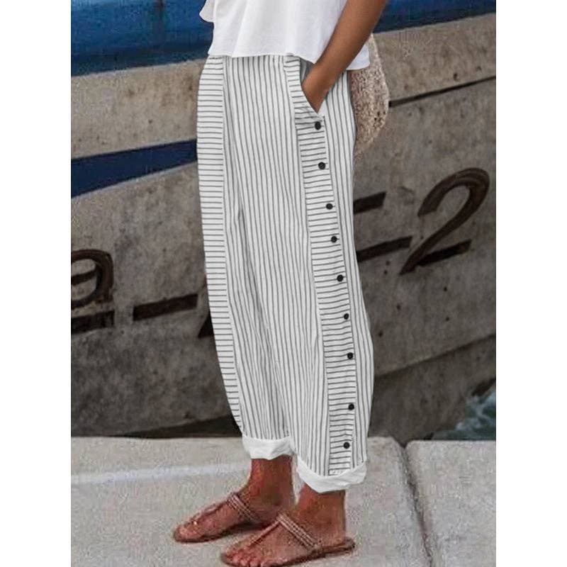 OceanusSwim – wholesale Pants – Women's – Loose Buttoned Pockets Striped Pants Trousers0