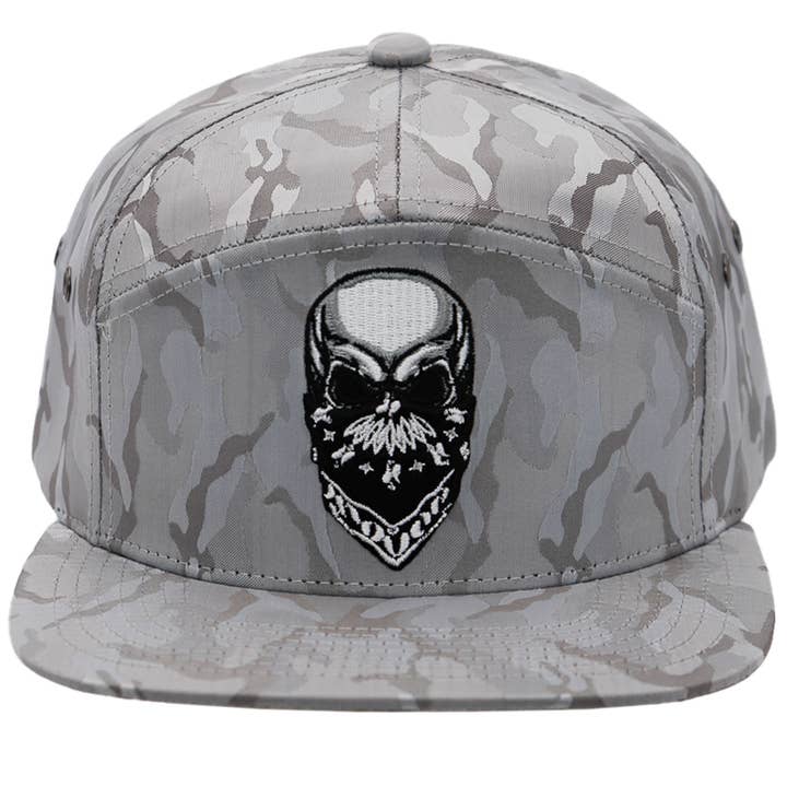 Cap Zone - Wholesale Flat Brim Cap - Men's - Rebellious Biker Skull Camo 7 Panel Snapback4