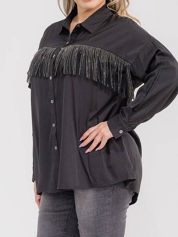 SOLID RHINESTONE FRINGE DETAIL BUTTON DOWN SHIRT for wholesale by ROUSSEAU