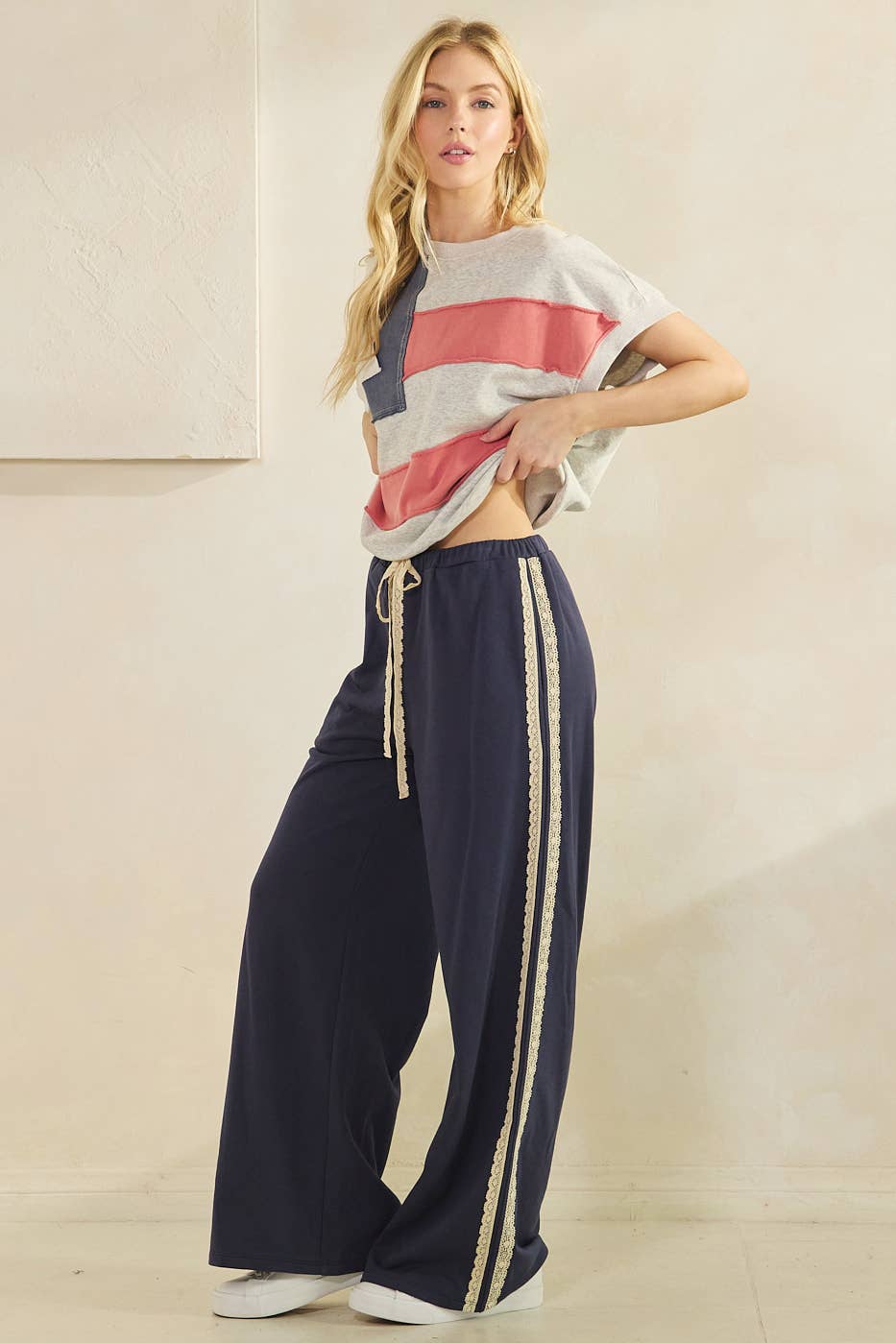 mittoshop - Wholesale Pants - Women's - LACE STRIPED ELASTIC WAIST TERRY SWEATPANTS23