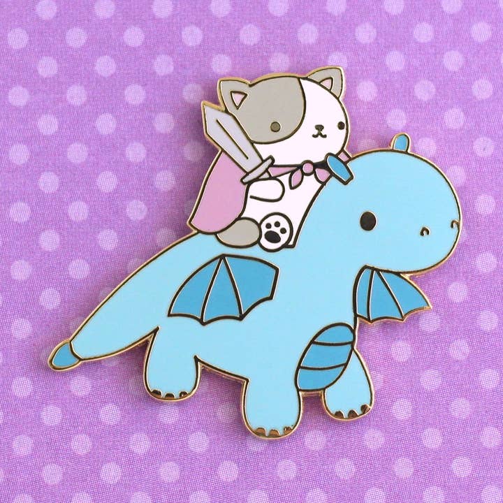 Cat and Dragon Knight Enamel Pin (Blue Dragon Variant) for wholesale by Wild Whimsy Woolies