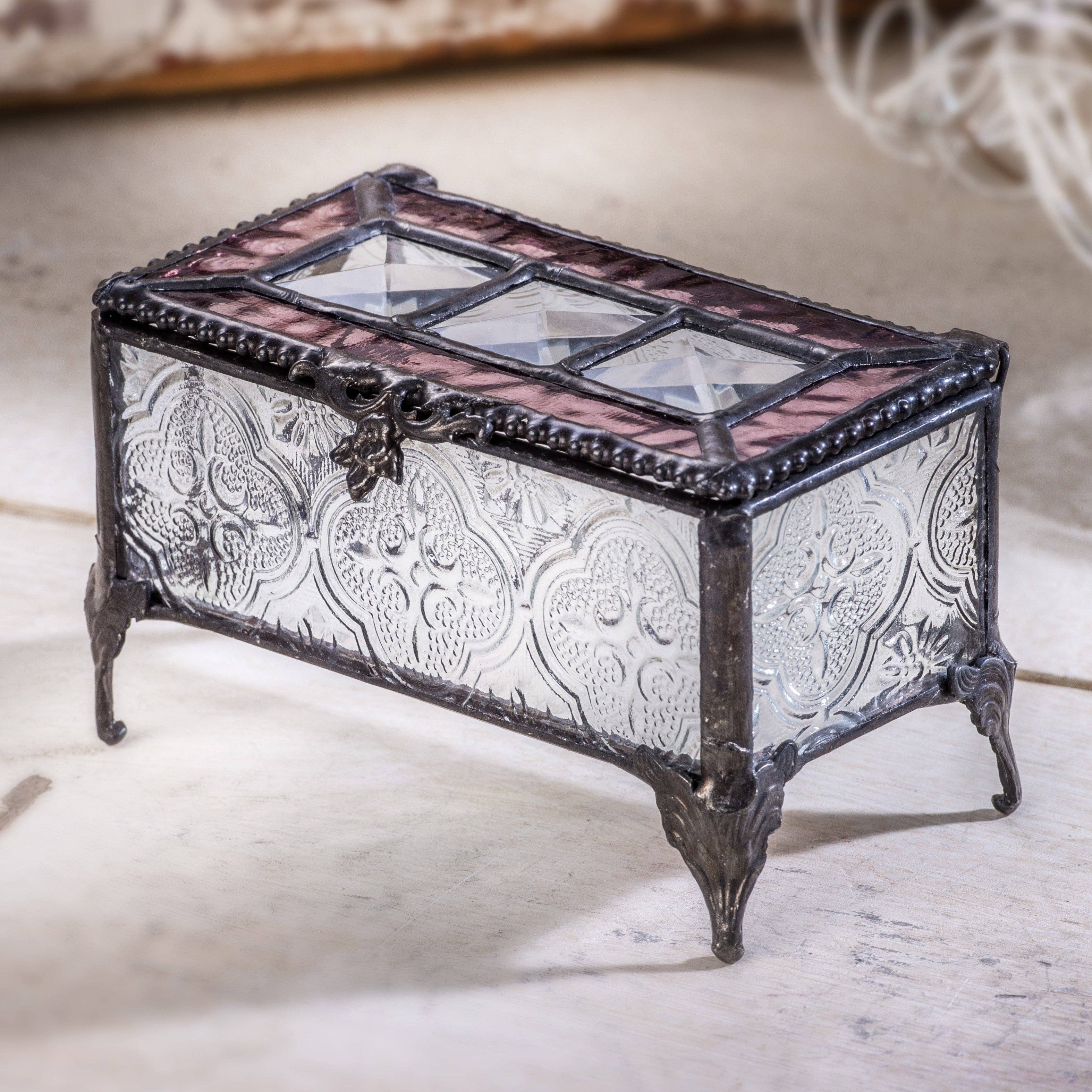 J Devlin Glass Art & Bert Anderson Collection - Wholesale Jewelry Box/Organizer - Box 514 Clear Vintage, Pink Rose and Bevels Glass Box3