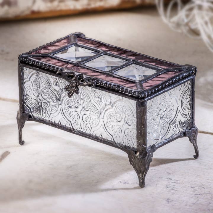 J Devlin Glass Art & Bert Anderson Collection - Wholesale Jewelry Box/Organizer - Box 514 Clear Vintage, Pink Rose and Bevels Glass Box3
