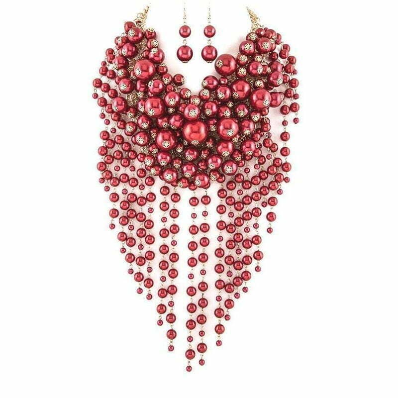 Diacly - Wholesale Beaded/Pearl Necklace - Chunky Dangling Pearls Choker Necklace Set13