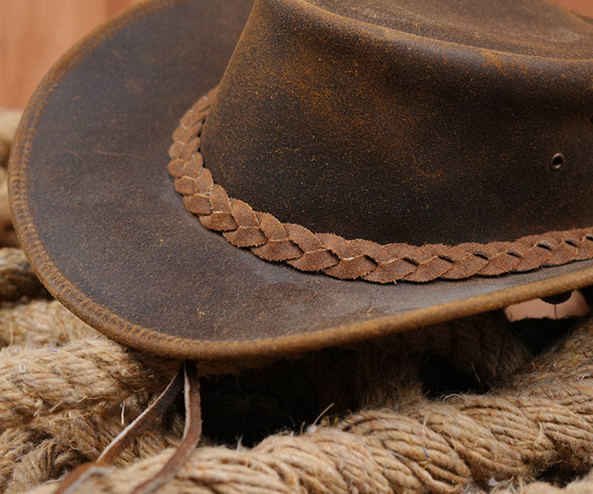 Tackfield - Vendita all'ingrosso Cappello da cowboy - Unisex - Cappello da boscaiolo in pelle marrone stile western Tackfield2