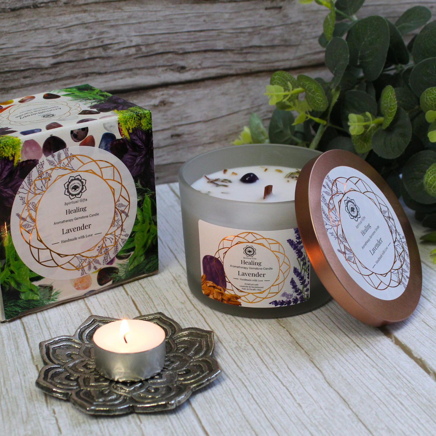 Green Tree - Wholesale Jar/Filled Candle - Green Tree Gemstone Scented Candle Healing Lavender 256g2