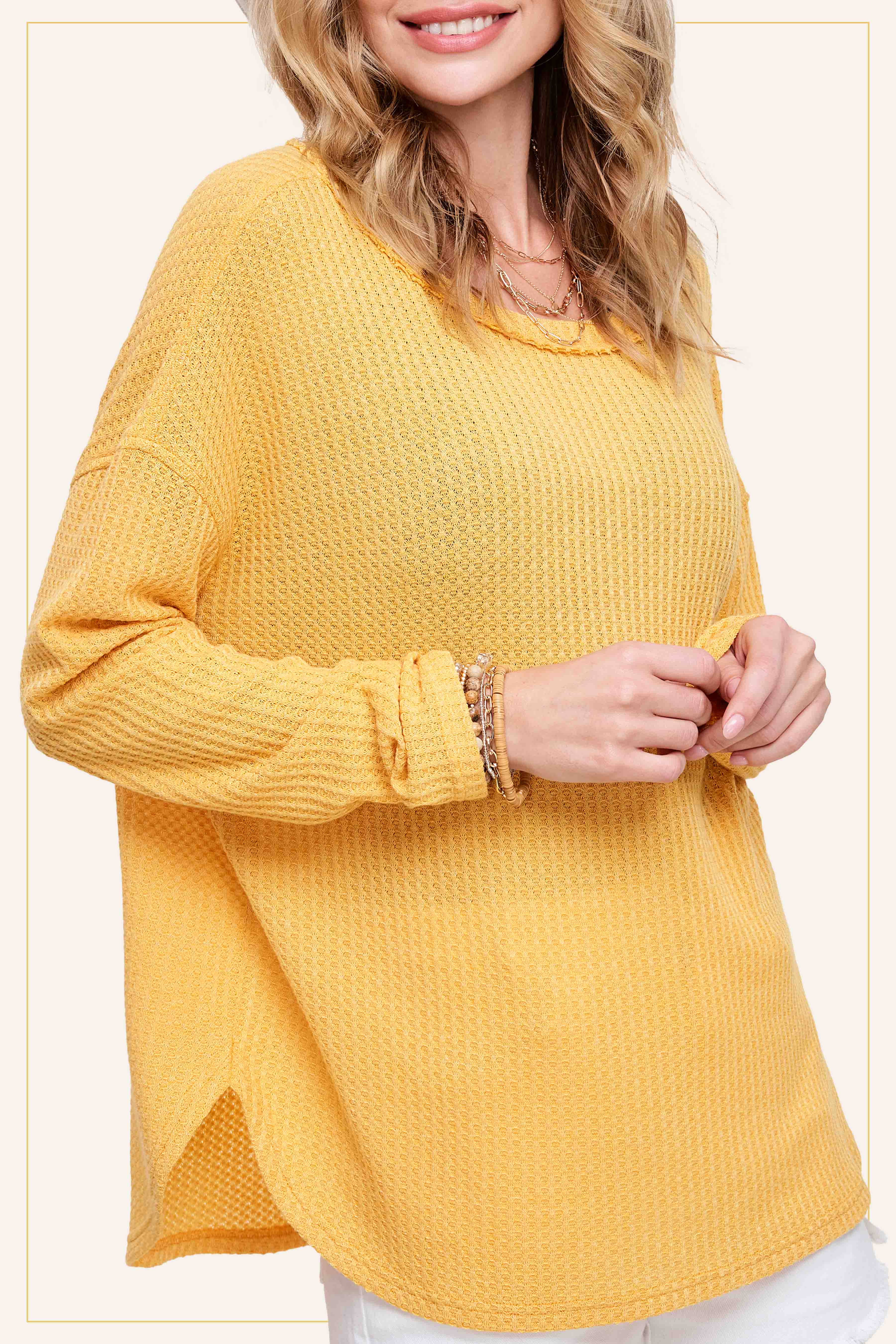 La Miel - Wholesale Tunic - Women's - HAT7566-Brushed Waffle Fabric Loose Fit Long Sleeve Top1