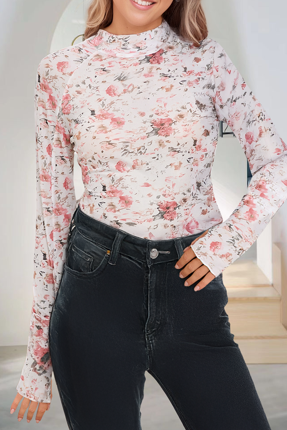 66DISCO - Wholesale Shirt - Women's - Floral Long Sleeve High Mock Neck Sheath Mesh Blouse (S-XL)2