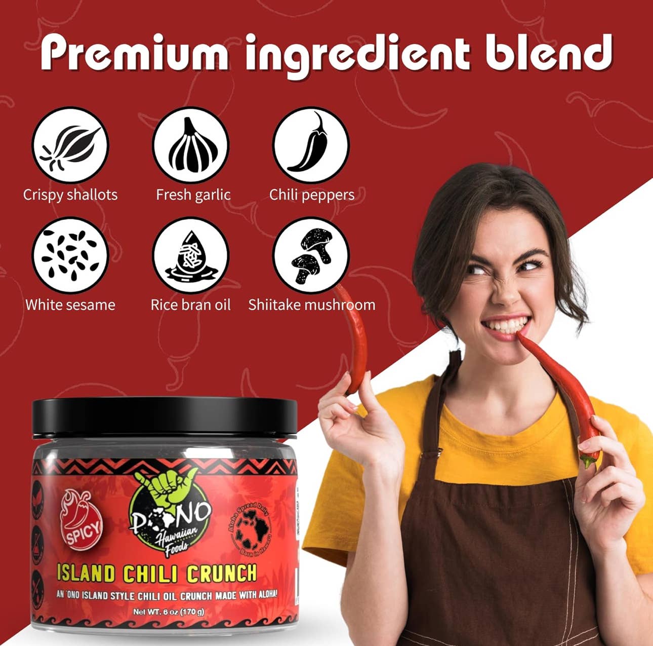 Pono Hawaiian Foods Co - Wholesale Chili Paste - Premium Island Chili Crunch - (SPICY) 6oz -6 pc case2