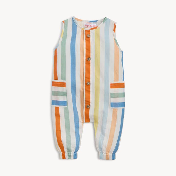 Mehrfarbig gestreifter, gewebter ärmelloser Hosen-Overall für den Großhandel von Magnetic Me