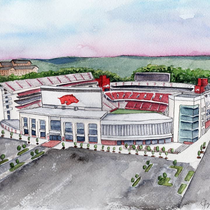 Arkansas Razorbacks Stadium Watercolor Art Print for wholesale by Grace Langdon Art