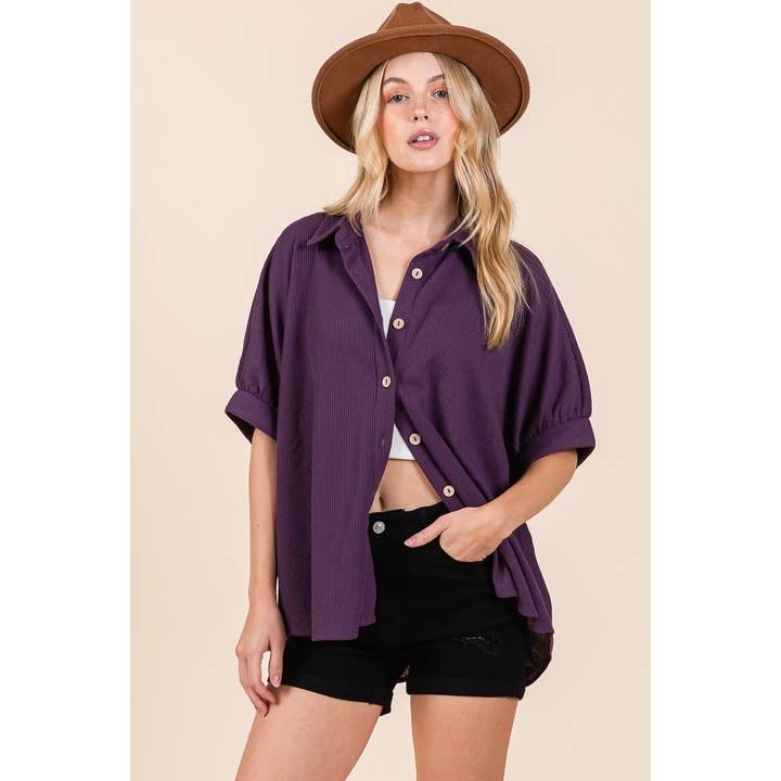 Solid Half Sleeve Waffle Button Down Shirt for wholesale by LIME N CHILI