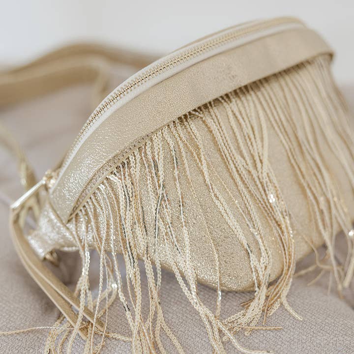 Charlie Metallic Removable Fringe Western Style Vegan Suede Bum Sling Hip Bag for wholesale by Thomas and Lee Company