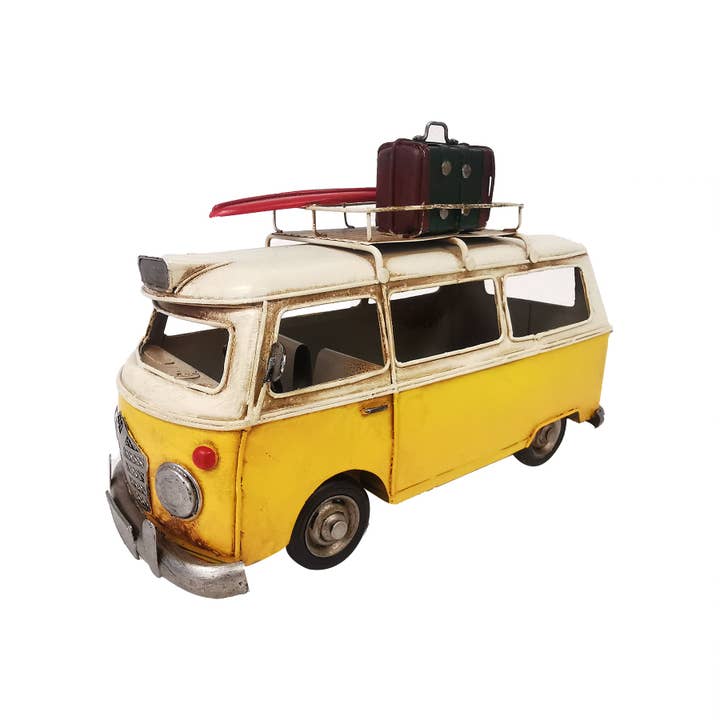Peterson Housewares & Artwares - Wholesale Decorative Tabletop Object - VW Yellow Metal Bus with Board and luggage