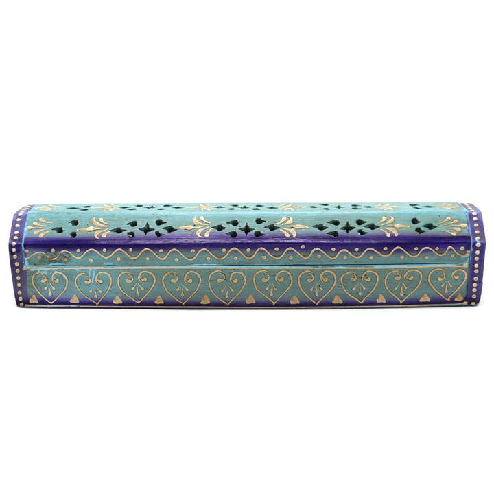 Designs by Deekay Inc. - Wholesale Incense Holder - Blue Hand Painted Wooden Incense Box (12 in.)