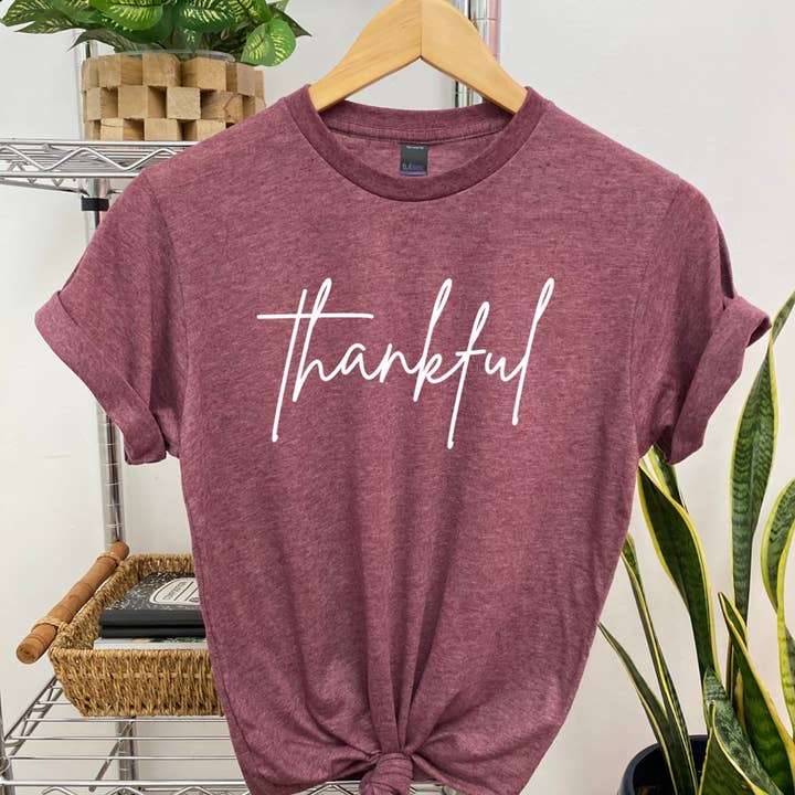 Thankful T-Shirt (heather maroon) for wholesale by The Blue Ox Shop