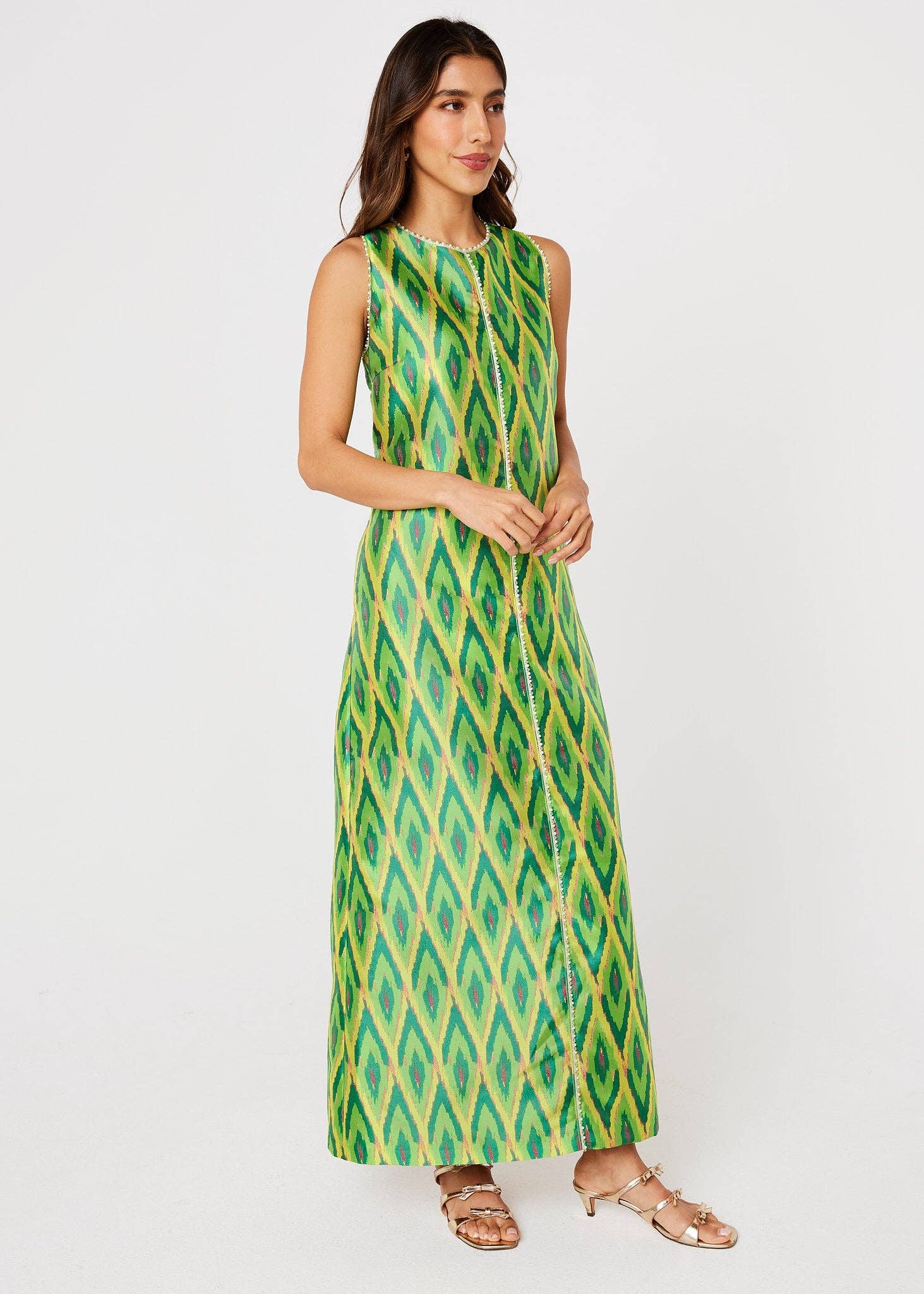 Green Hannah Dress Lime Ikat Jacquard for wholesale on Faire2