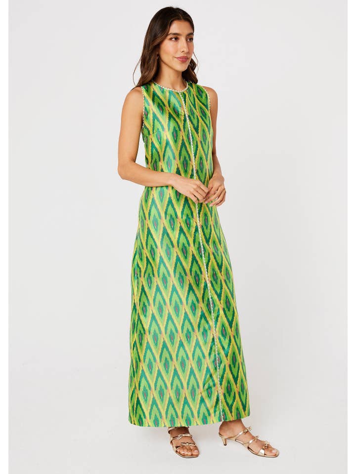 Green Hannah Dress Lime Ikat Jacquard for wholesale on Faire2